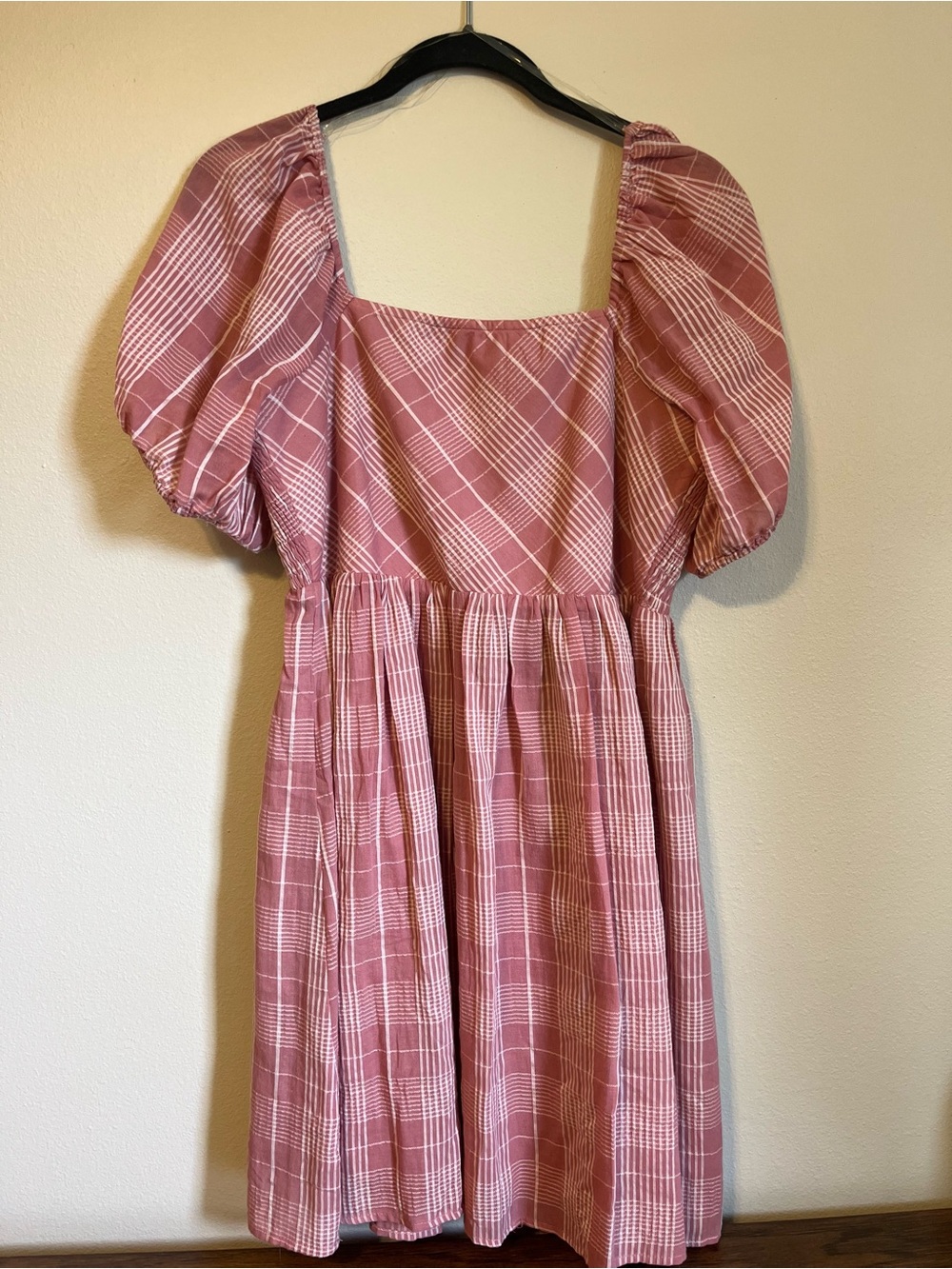 JODIFL Pink Plaid Puff-Sleeve Mini Dress